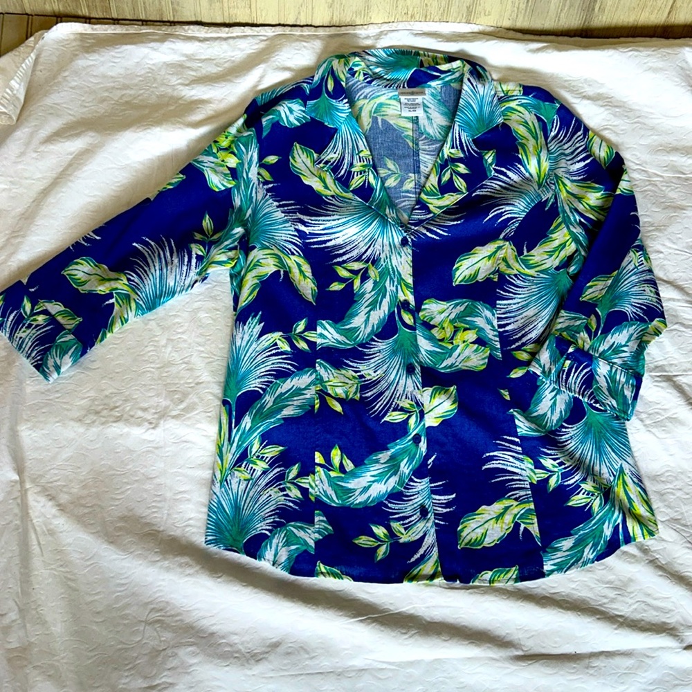 Jaclyn Smith Blouse Women's XL EUC Floral Linen/Rayon Blend Shirt Tunic …